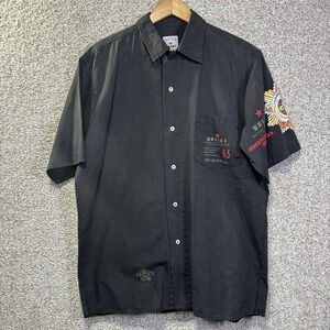 Soviet Shirt Mens Medium Black USSR Military Graphic Short Sleeve Button Up